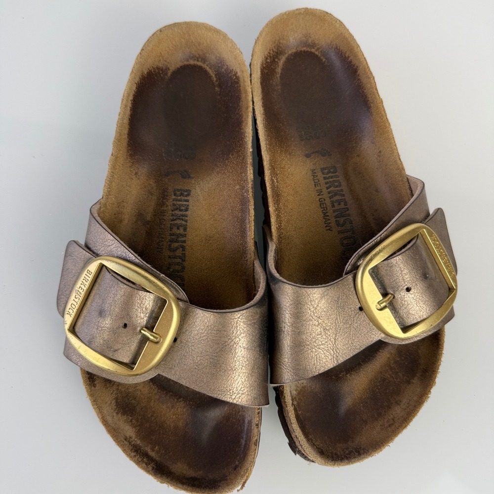 Revolve Birkenstock Madrid Big Buckle Women 38 Taupe Metallic Slide Sandal - Picture 4 of 12